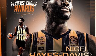 THY Euroleague’de sezonun en çok gelişim gösteren oyuncusu Nigel Hayes-Davis seçildi