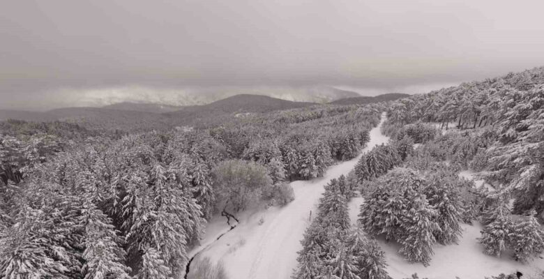 Kazdağı Milli Parkı’nda kar manzaraları dron ile görüntülendi
