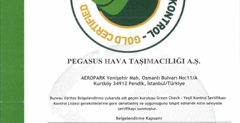 Pegasus, ’Green Check-Yeşil Kontrol Belgesi’ni alan ilk hava yolu şirketi olduğunu duyurdu